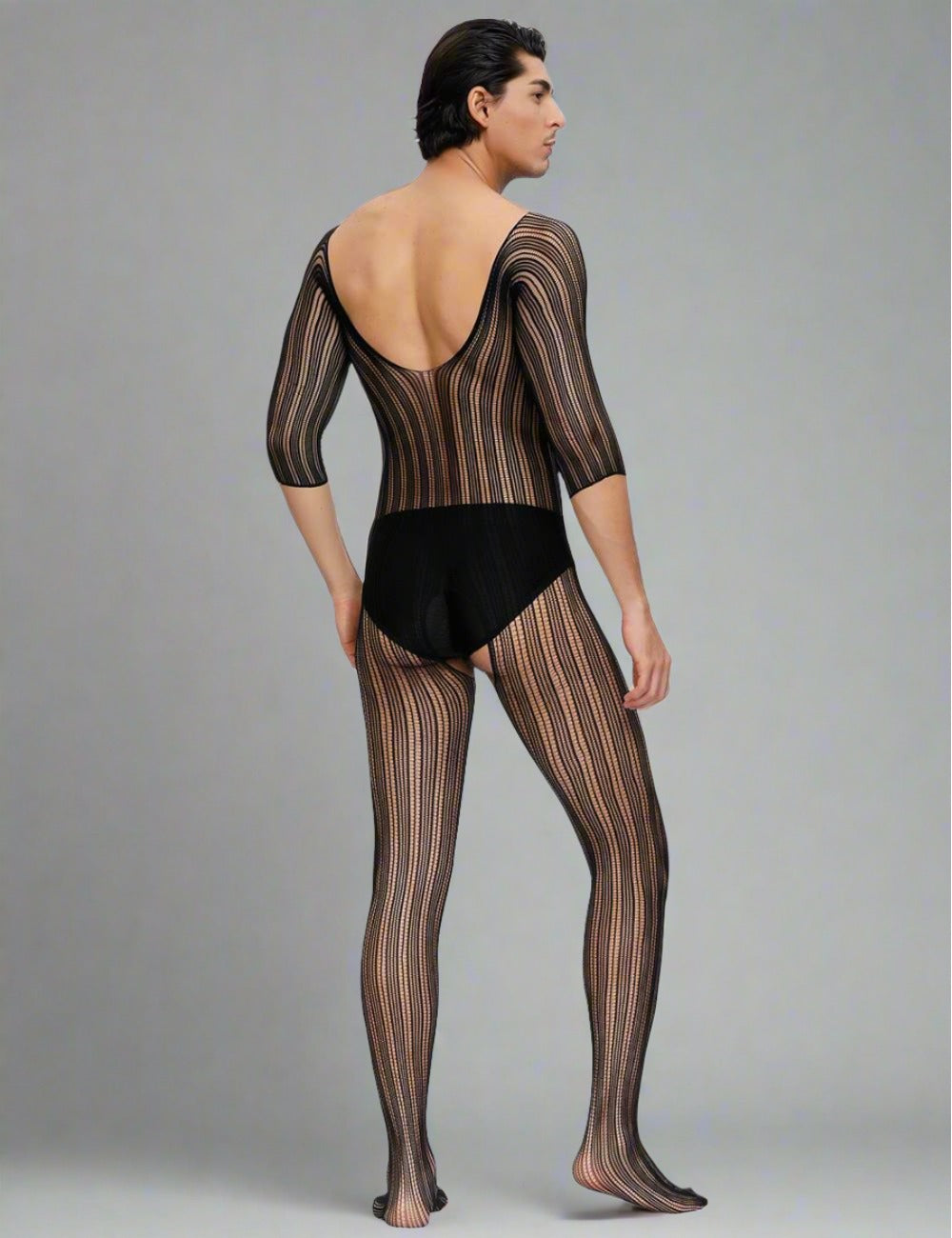 Black striped fishnet men's bodystocking with slopped neck and crotchless design by Scandals Menswear.