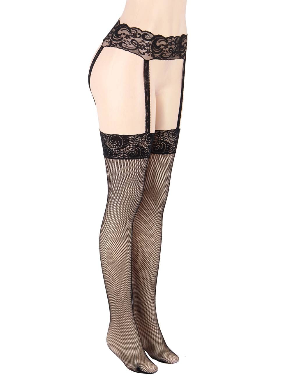 Fishnet Suspender Tights with Flower Lace Trim Stockings & Hosiery Scandals Lingerie 