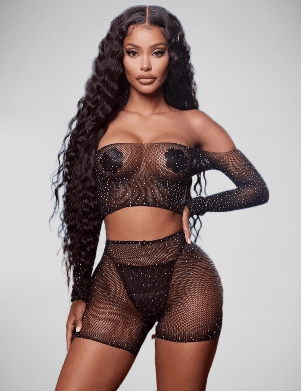 Scandals Two Piece Fishnet Rhinestone Long Sleeve Top and Shorts Set Bodystockings Scandals Lingerie 