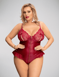 Thumbnail for Scandals Sexy Lace Leather Stitching Zipper Teddy Bodies & Teddies Scandals Lingerie Red XL-2XL 