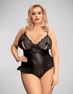 Scandals Sexy Lace Leather Stitching Zipper Teddy Bodies & Teddies Scandals Lingerie Black XL-2XL 