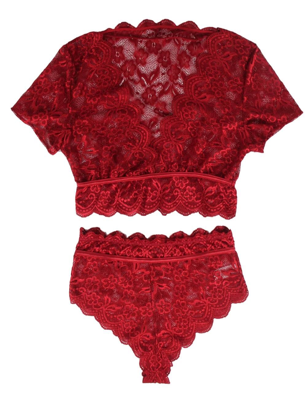 a women's red lace set with matching panties