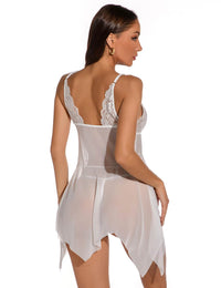 Full view of the stunning white babydoll with an irregular skirt by Scandals, ideal for stylish evening wear or sophisticated outings.