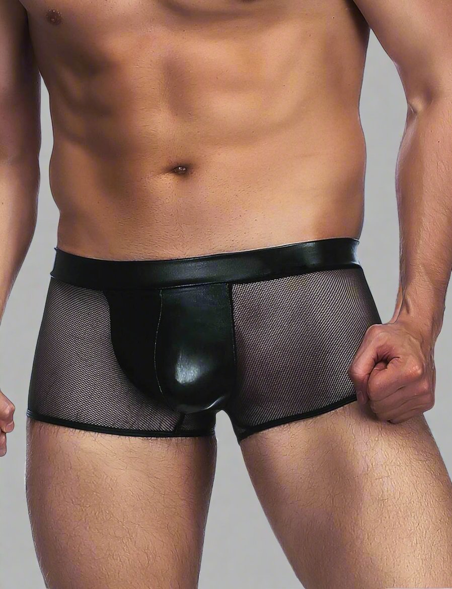 Men's fishnet underwear briefs with wet-look panel from Scandals Menswear, featuring a provocative and stylish design.