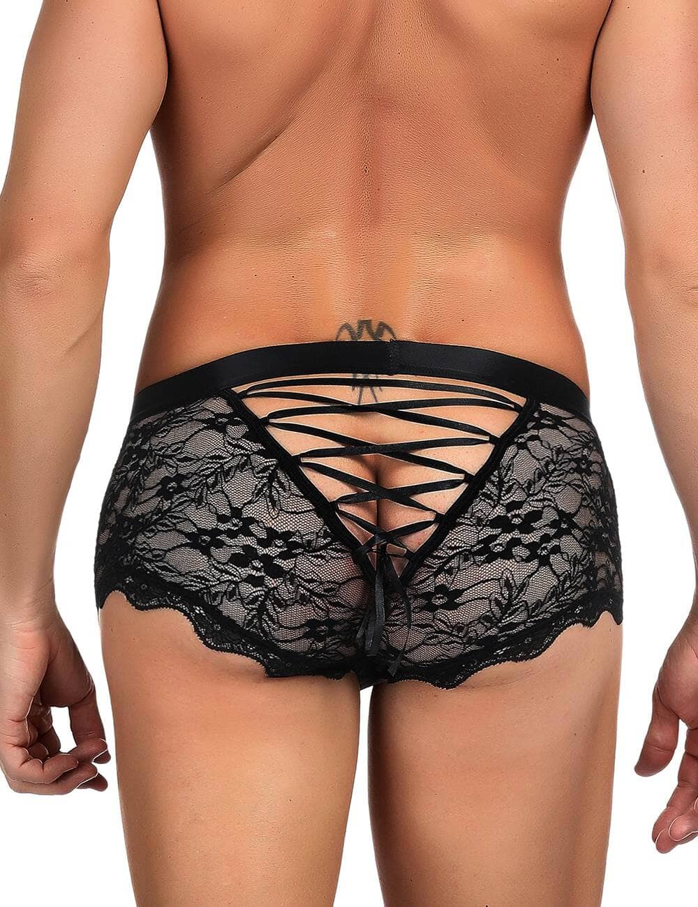a man wearing a black underwear with lace