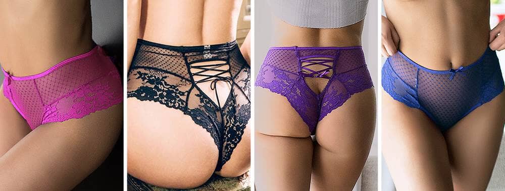 four pictures of a woman in lingerie panties