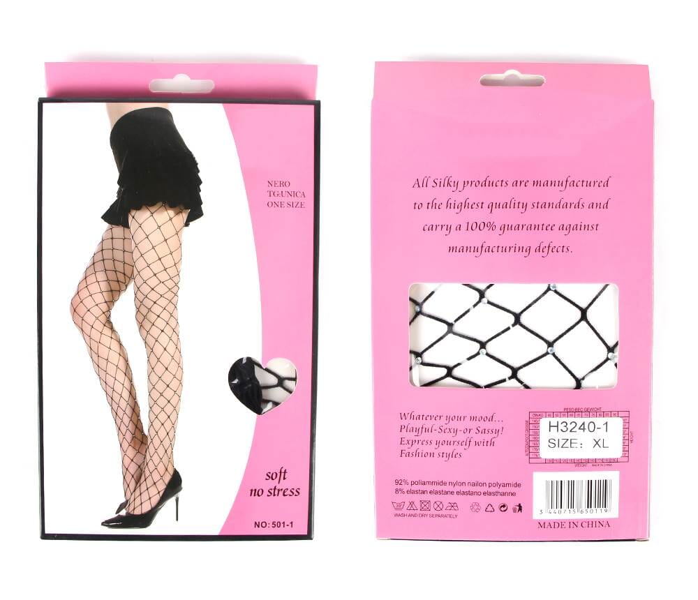a package of fishnet stockings with a woman's legs