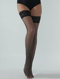Thumbnail for Rhinestone Lace Top Fishnet Hold Ups With Silicone Stockings & Hosiery Scandals Lingerie 