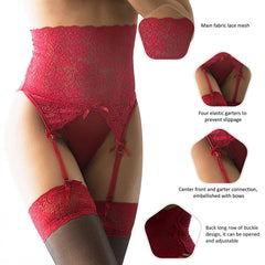 a woman wearing a red lingerie and stockings