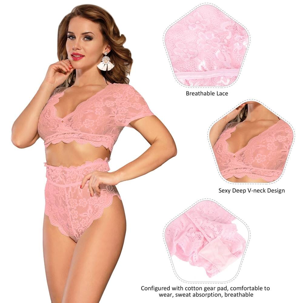 Scandals Lingerie high waist lace lingerie set with matching bra and panty, featuring intricate lace details and feminine design.