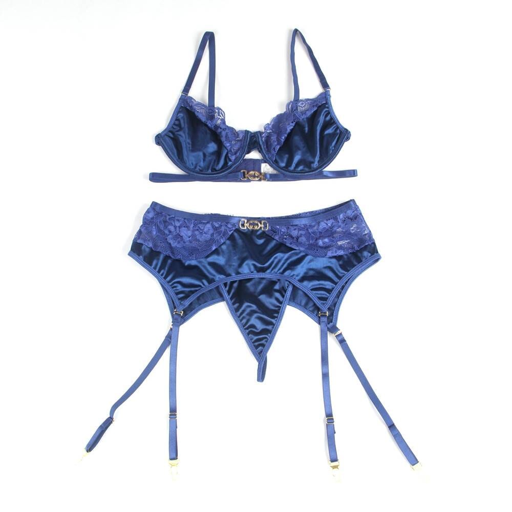 a women's blue bra and panty set on a white background