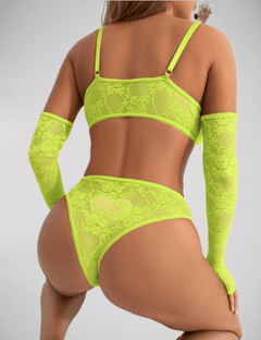 a woman in a neon green lingerie