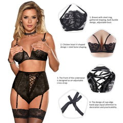 a woman wearing a black lingerie and garter