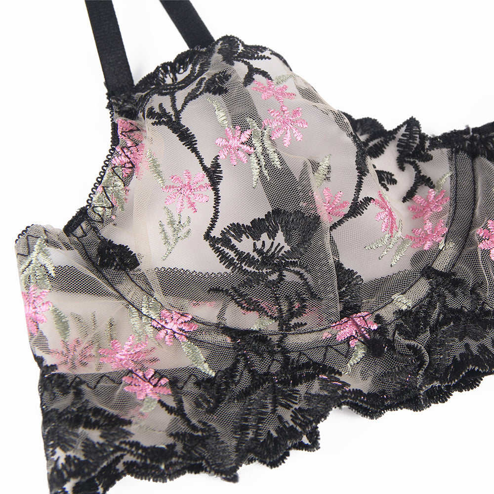 a bra that has pink flowers on it