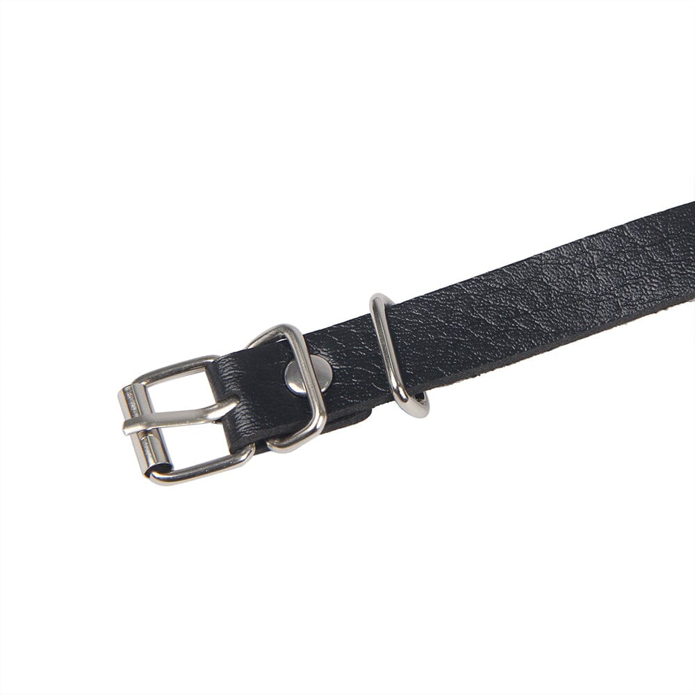 a black leather belt with a silver buckle