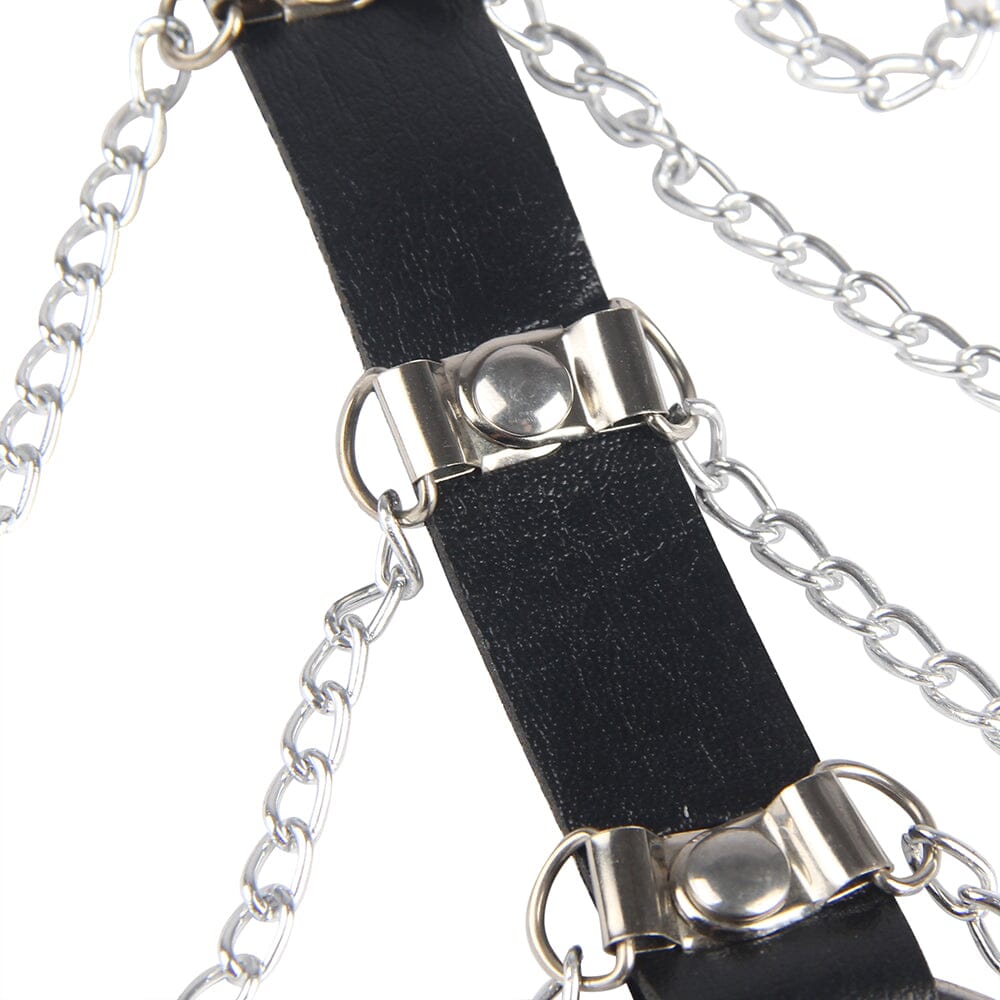 a close up of a black leather leash with silver chains