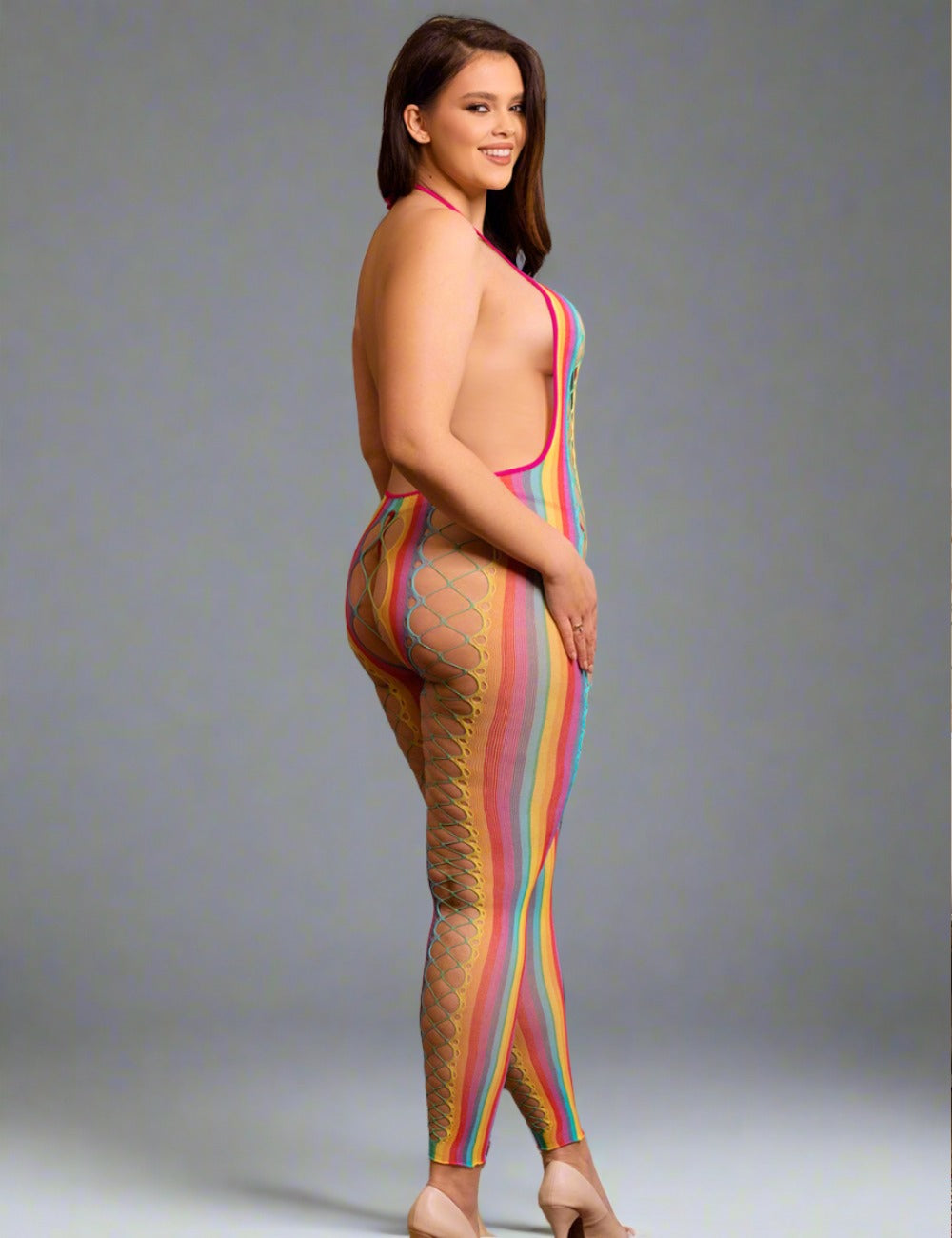 Rainbow bodystocking by Scandals Lingerie featuring halter neck, backless design, mesh fabric, and hollow-out details.