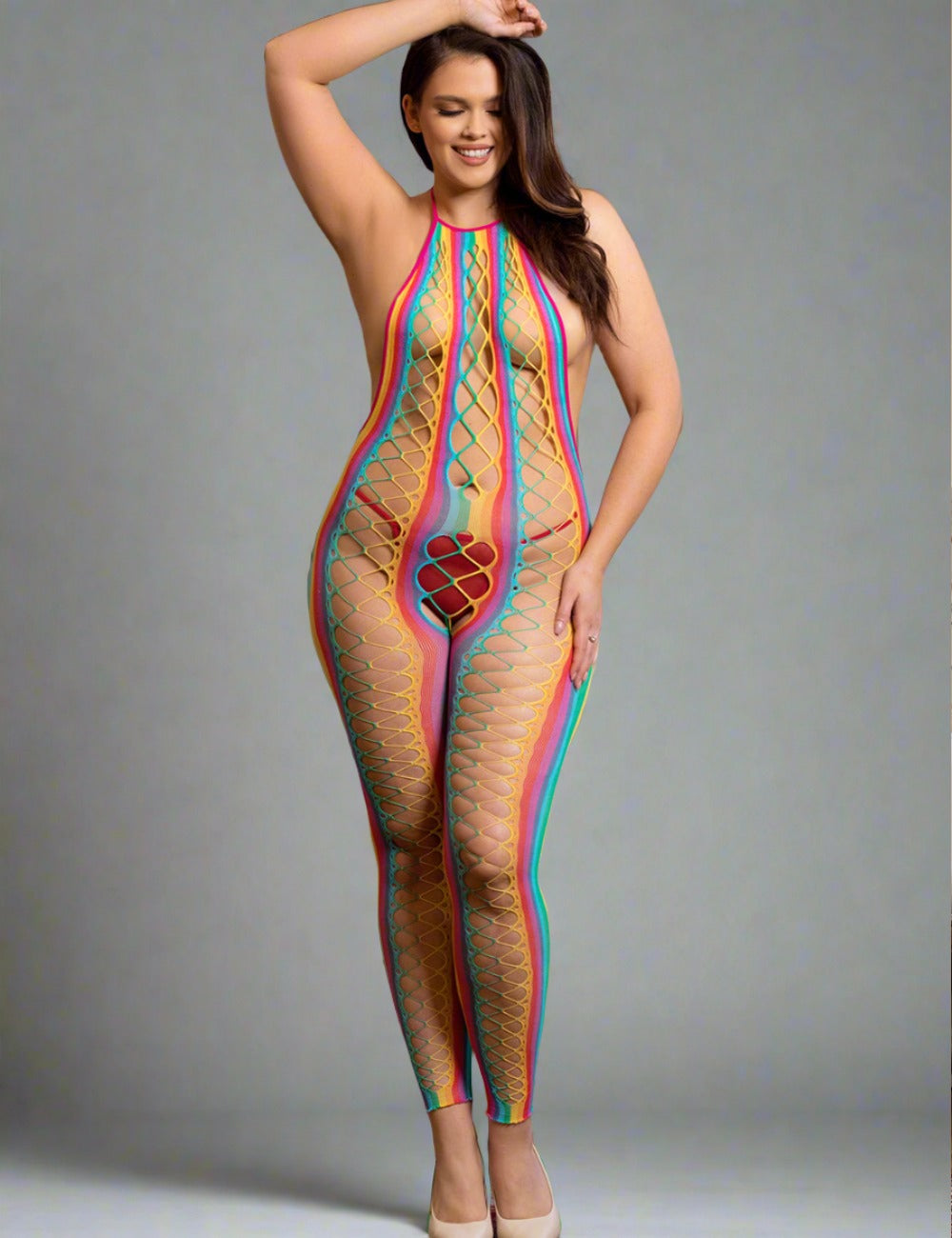 Scandals Lingerie rainbow bodystocking with halter neck, backless design, mesh hollow-out pattern, stretchy and fitted for a bold look.