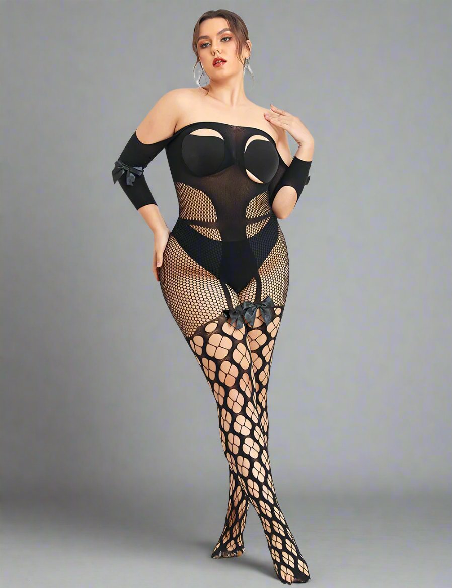 a woman in a fishnet bodystocker and stockings