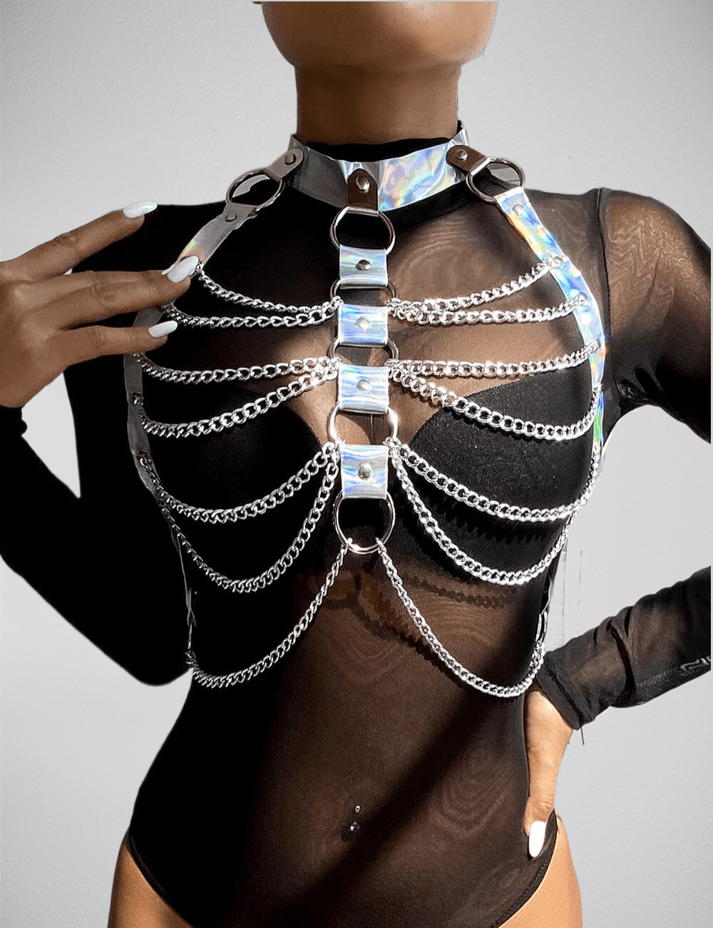 Scandals Holographic Chest Harness with Silver Chains Body Harness Scandals 