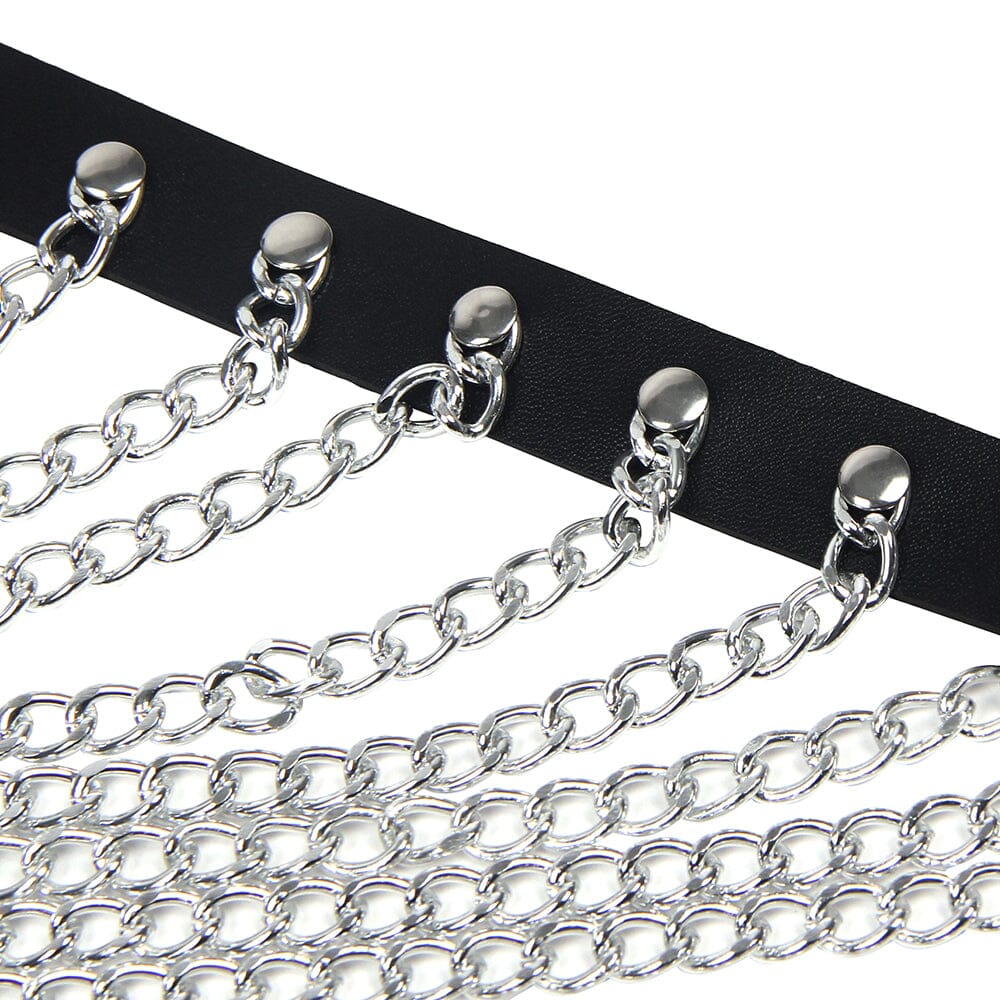 a row of silver chains on a black belt
