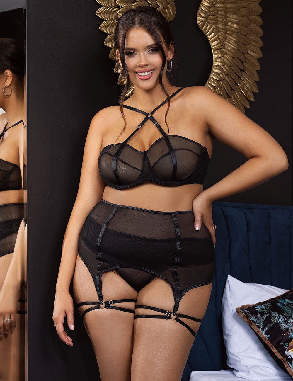 Scandals Two Piece Underwired Mesh Set With Corseted Back & Leg Straps Lingerie Sets Scandals Lingerie Extra Large - 2XL Black 