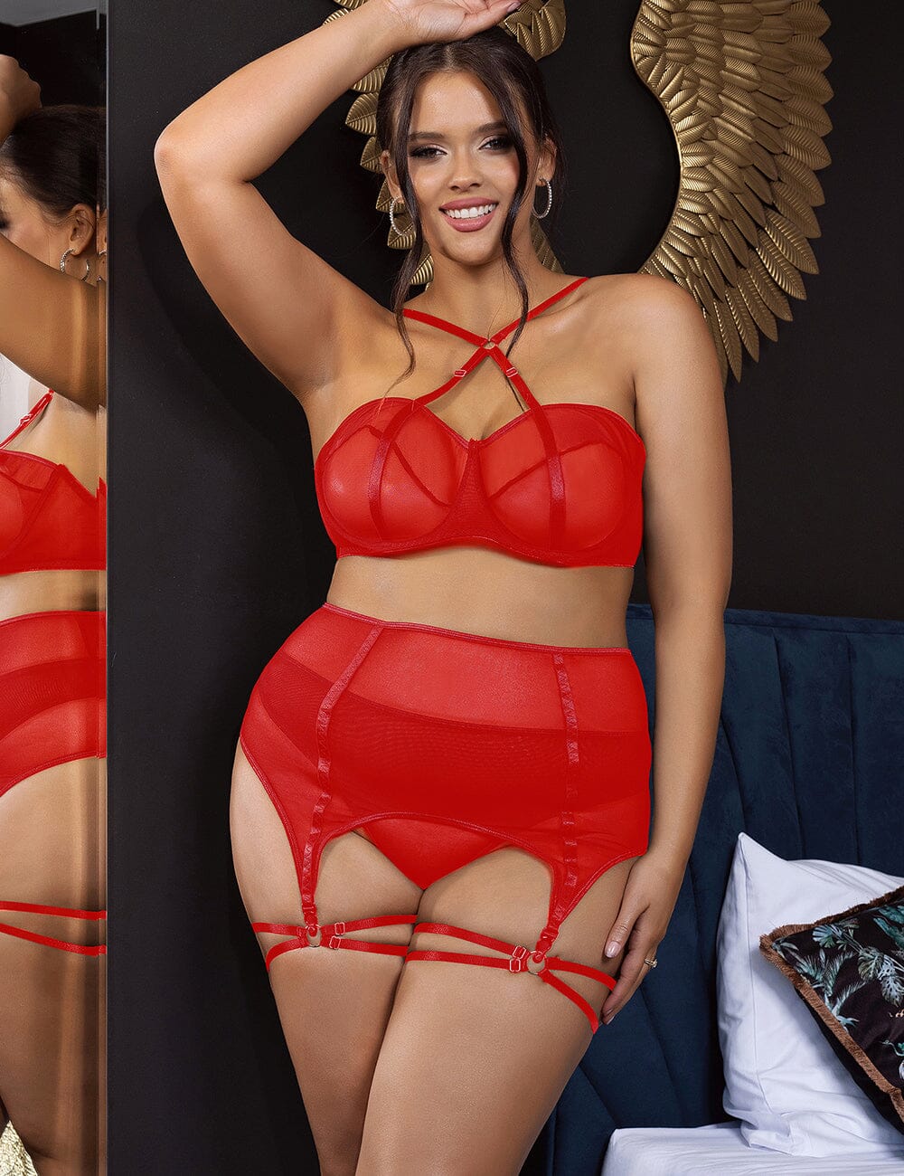 Scandals Two Piece Underwired Mesh Set With Corseted Back & Leg Straps Lingerie Sets Scandals Lingerie Extra Large - 2XL Red 