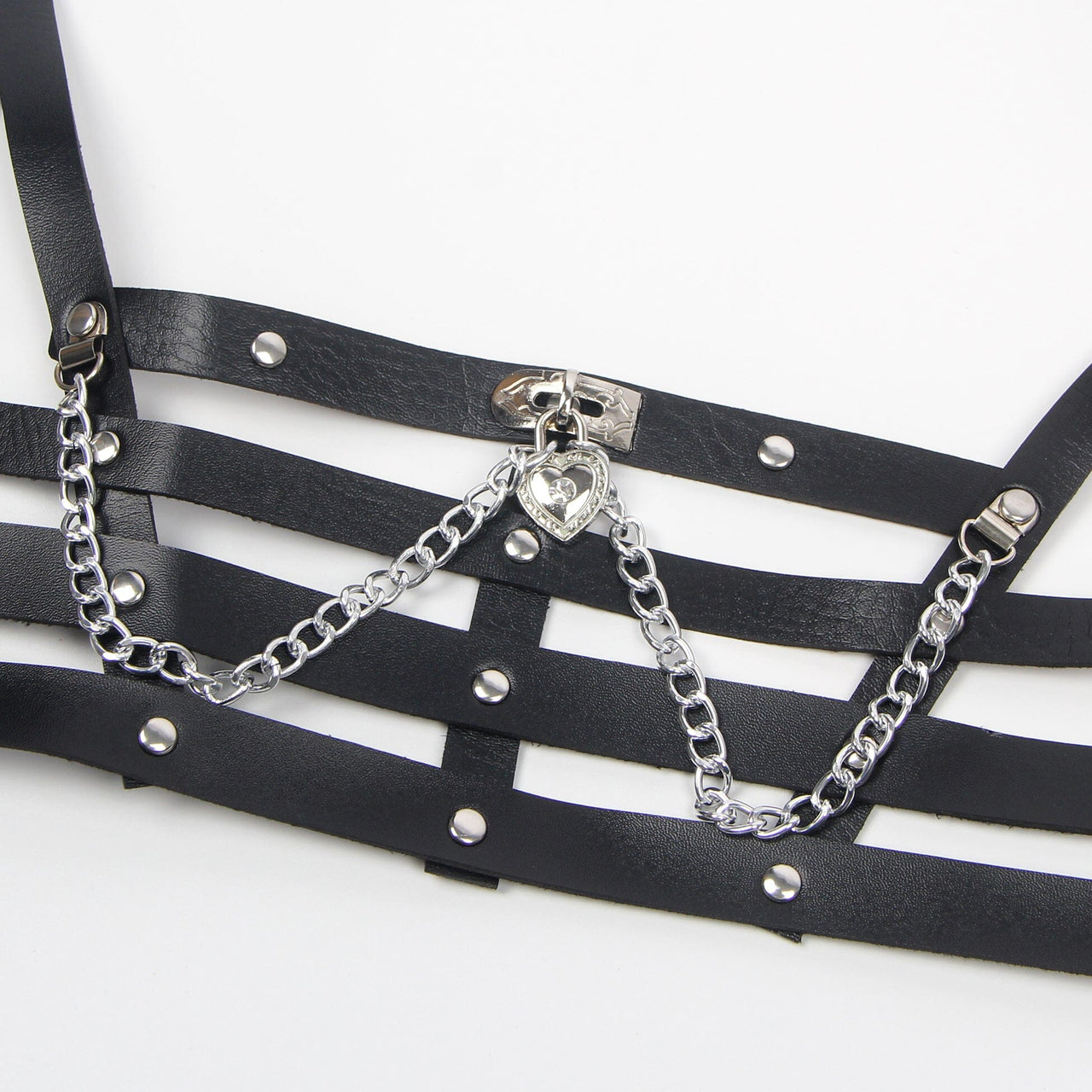 a black leather belt with a heart and a chain