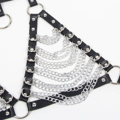 Scandals Chain Bra with Studded Collar, black harness with chain details and bold, trendy design, worn as a fashion statement.