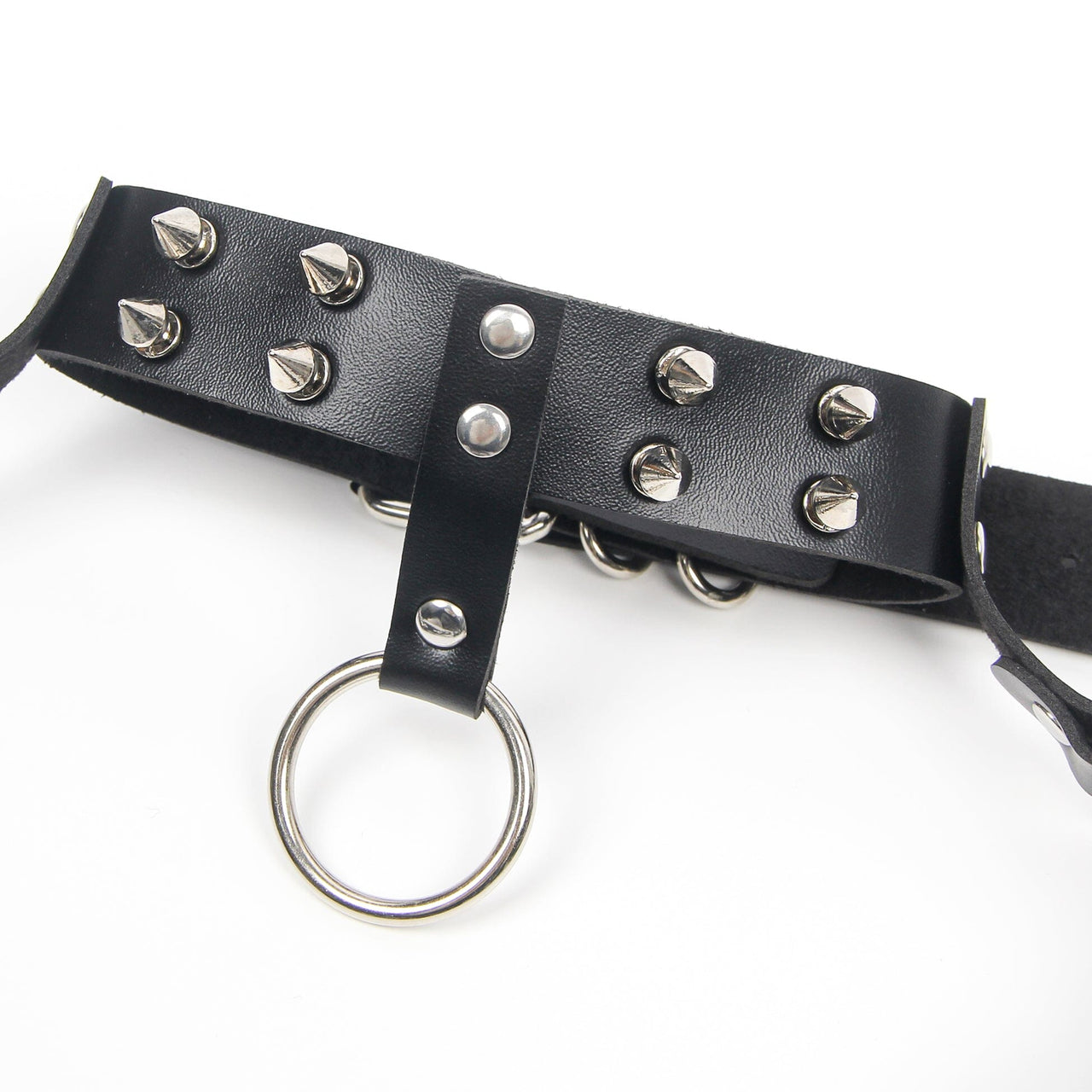 a black leather collar with metal rivets and a ring