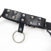 Thumbnail for a black leather collar with metal rivets and a ring