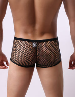 Sleek Black Sexy Men's Fishnet Boxer, emphasising the blend of sensuality and elegance in men's lingerie.