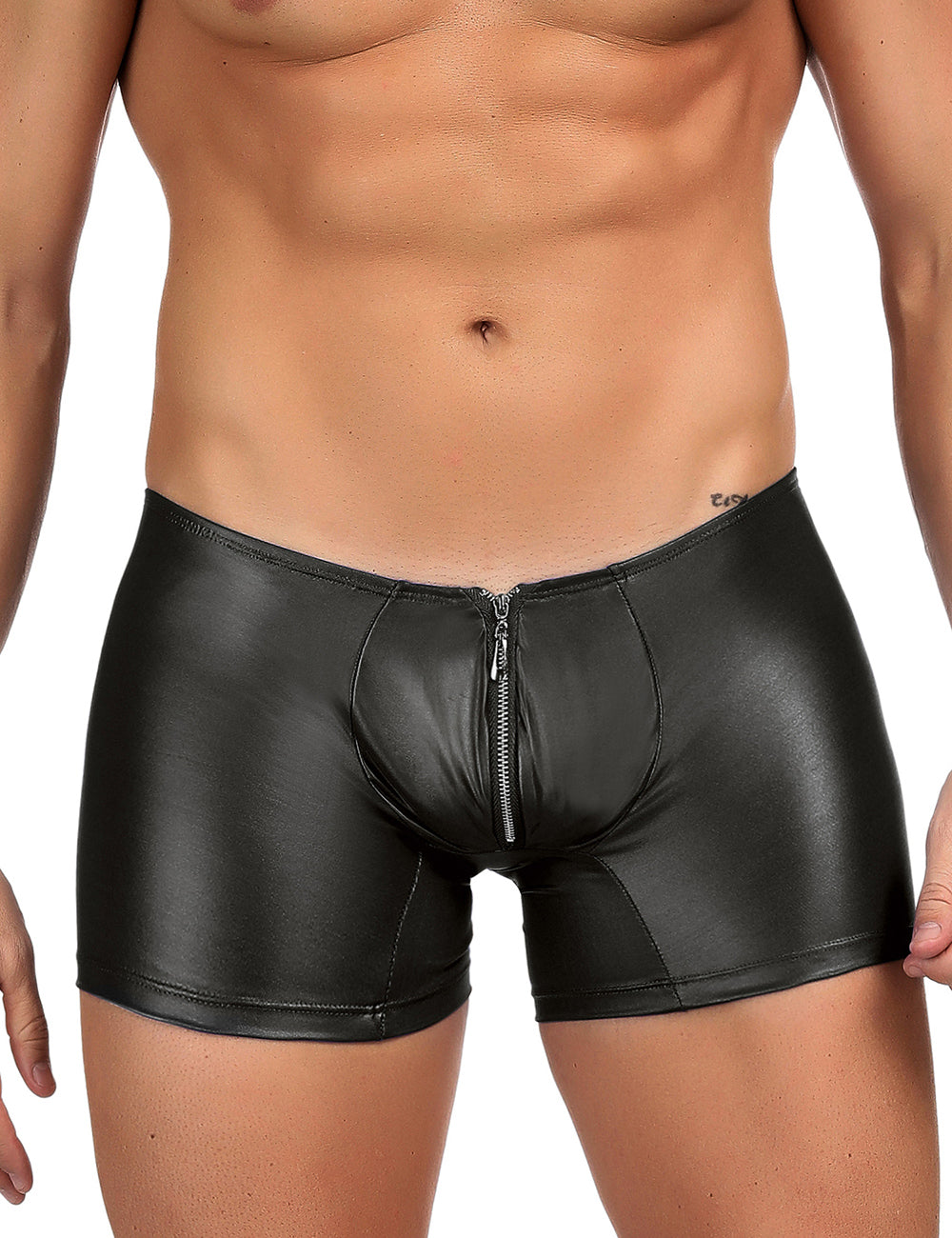 Men's wet look zipper brief by Scandals Menswear featuring shiny, form-fitting material and front zipper closure.