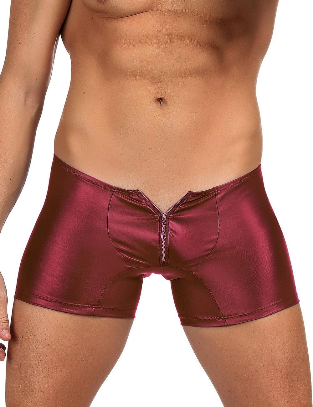 Men's wet look zipper brief by Scandals Menswear, shiny black fabric with front zipper detail and snug fit.