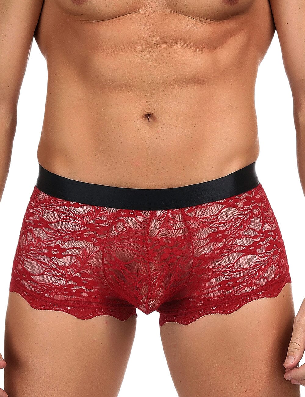 a close up of a man wearing a red underwear