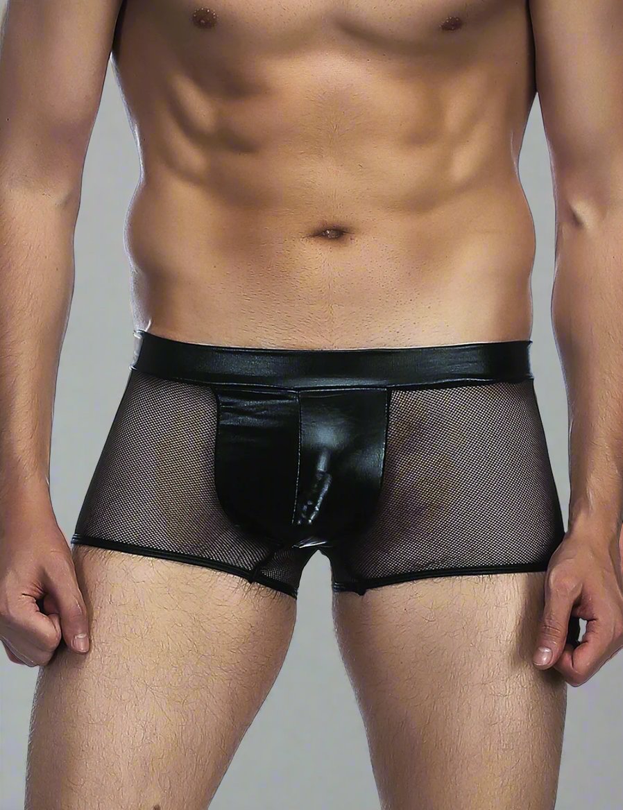 Fishnet men's underwear briefs with wet-look panel by Scandals Menswear, showcasing the bold, fitted design on a model.