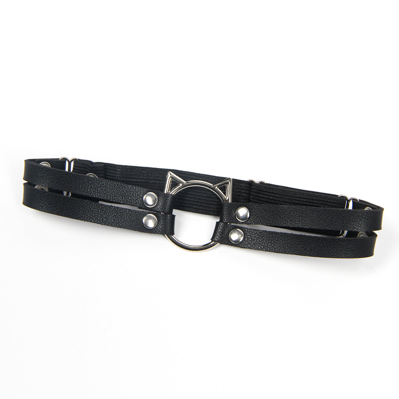 Intricate design of Cat Head Black Adjustable Faux Leather Studded Punk Leg Rings, showcasing its uniqueness as a premium leg garter.