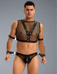 a man in a black lingerie with suspenders and suspenders