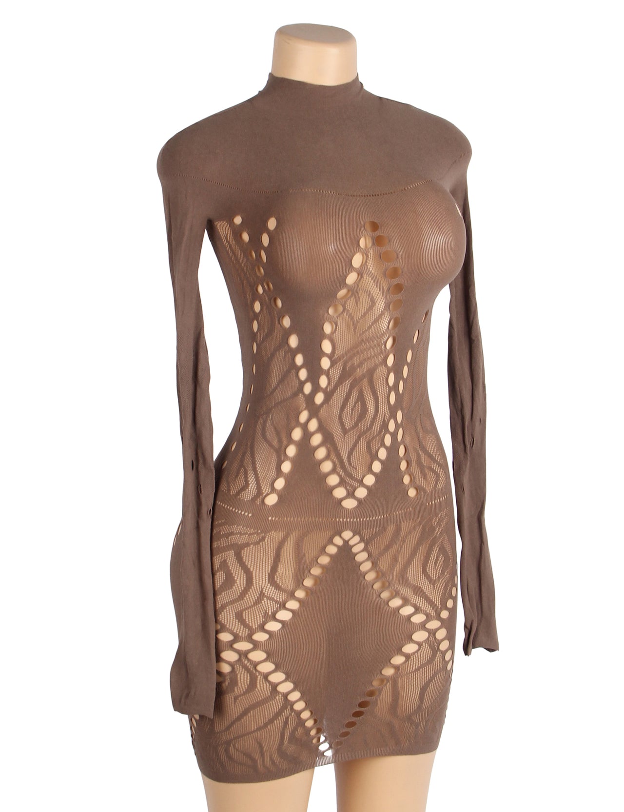 a mannequin wearing a brown dress with cutouts