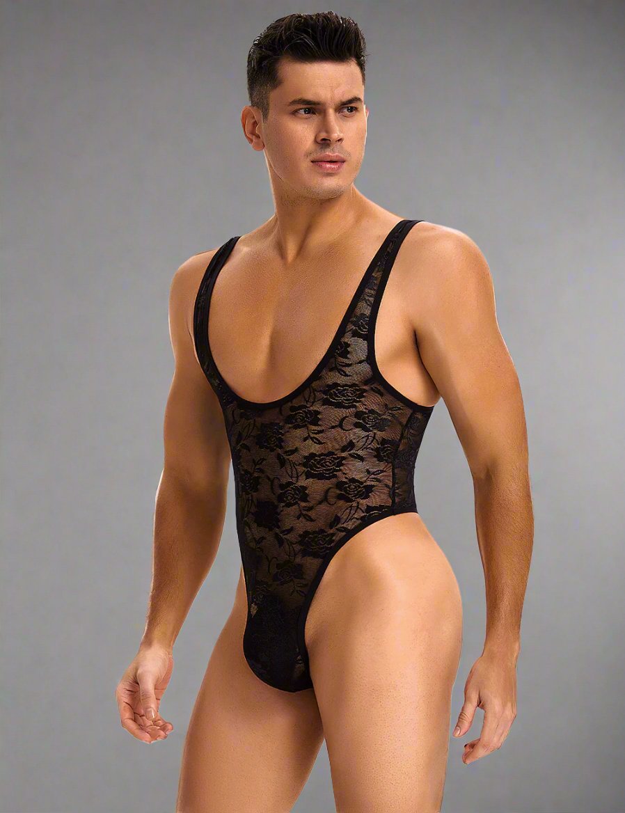Scandals Men's low cut lace bodysuit, black men's bodystocking with lace detailing, slim fit and low neckline, designed for a sleek look.