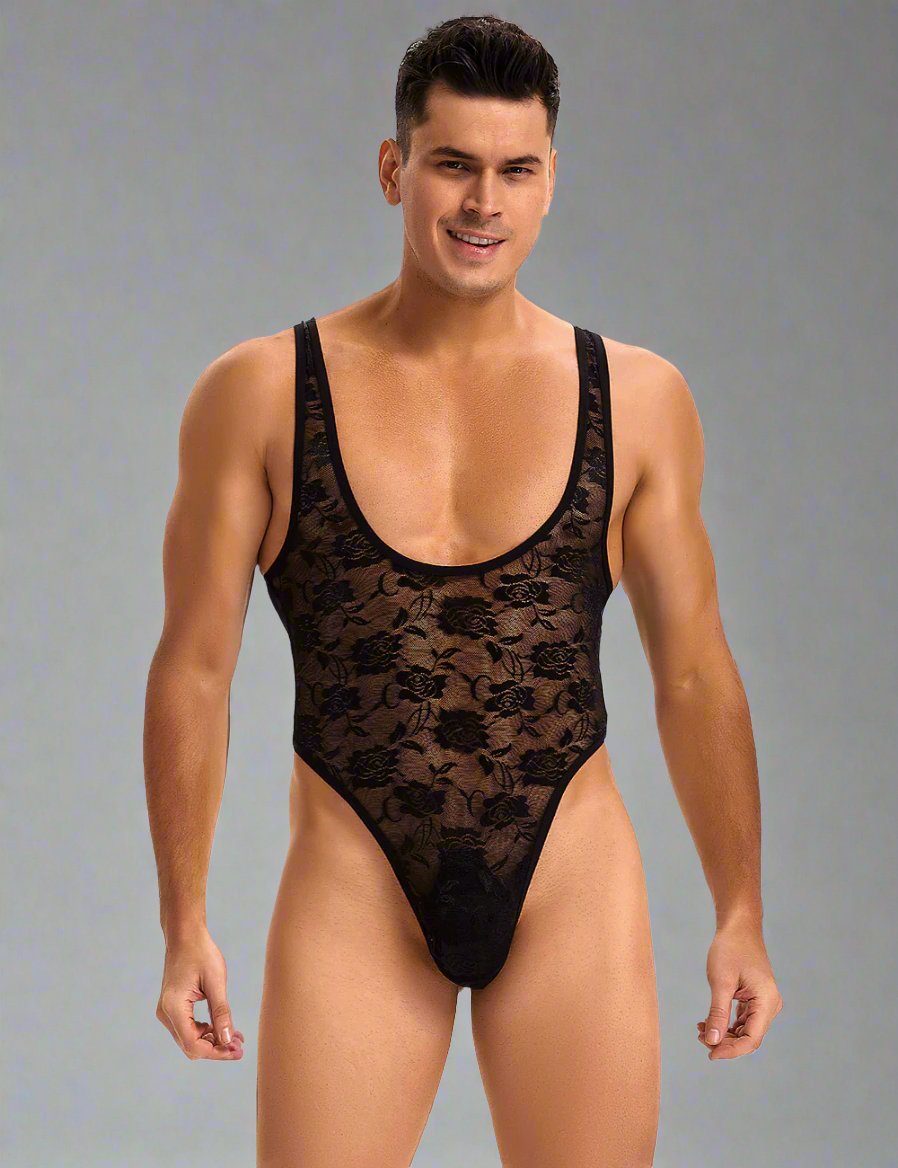 Scandals Men's low cut lace bodysuit, men's bodystocking with intricate lace details and a fitted design.