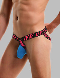 a man wearing a blue thong with pink writing on it