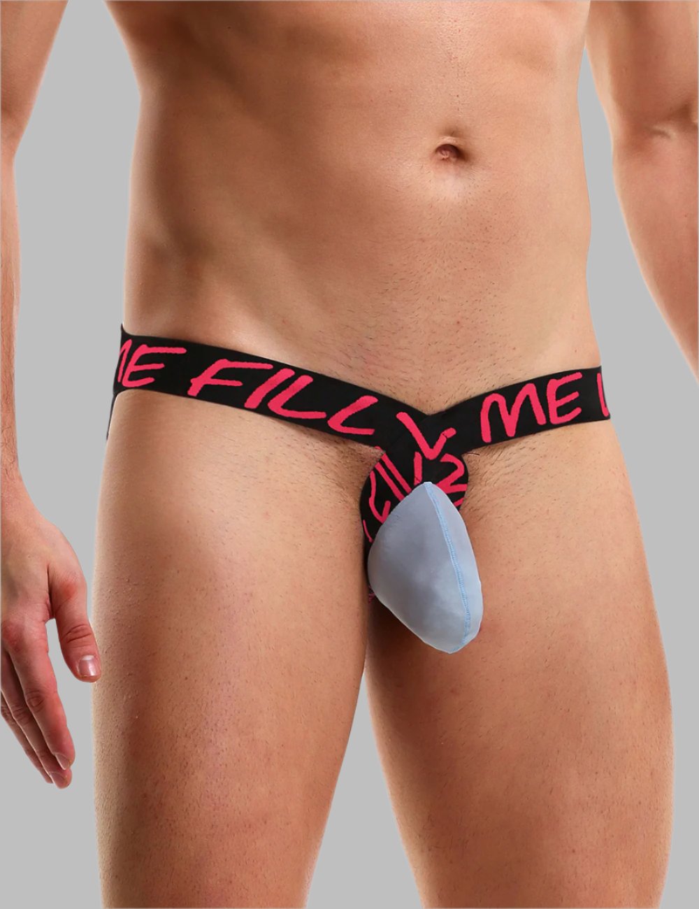 a man wearing a black and pink underwear