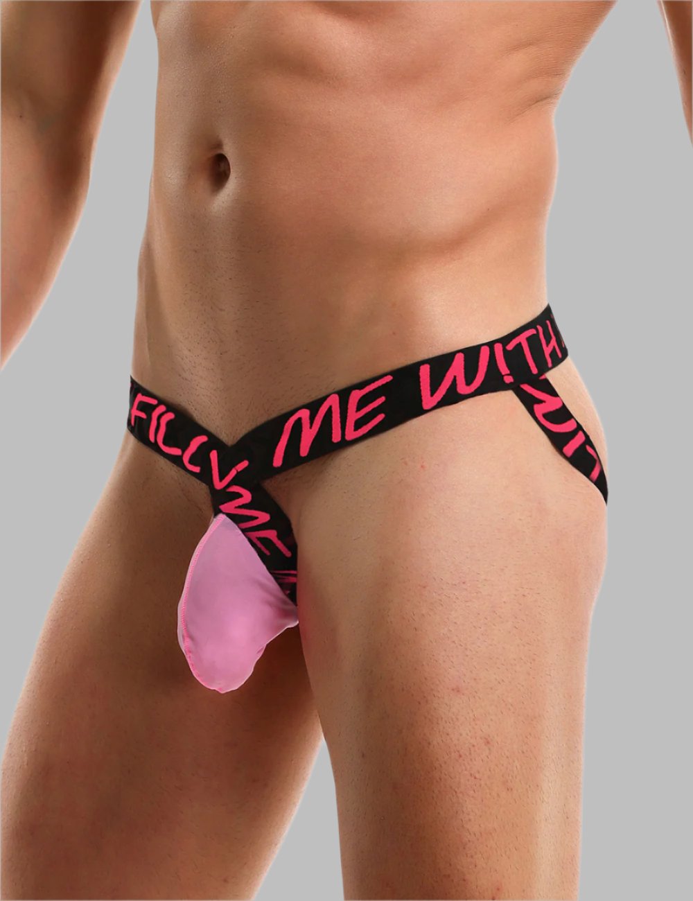 a man wearing a pink and black underwear