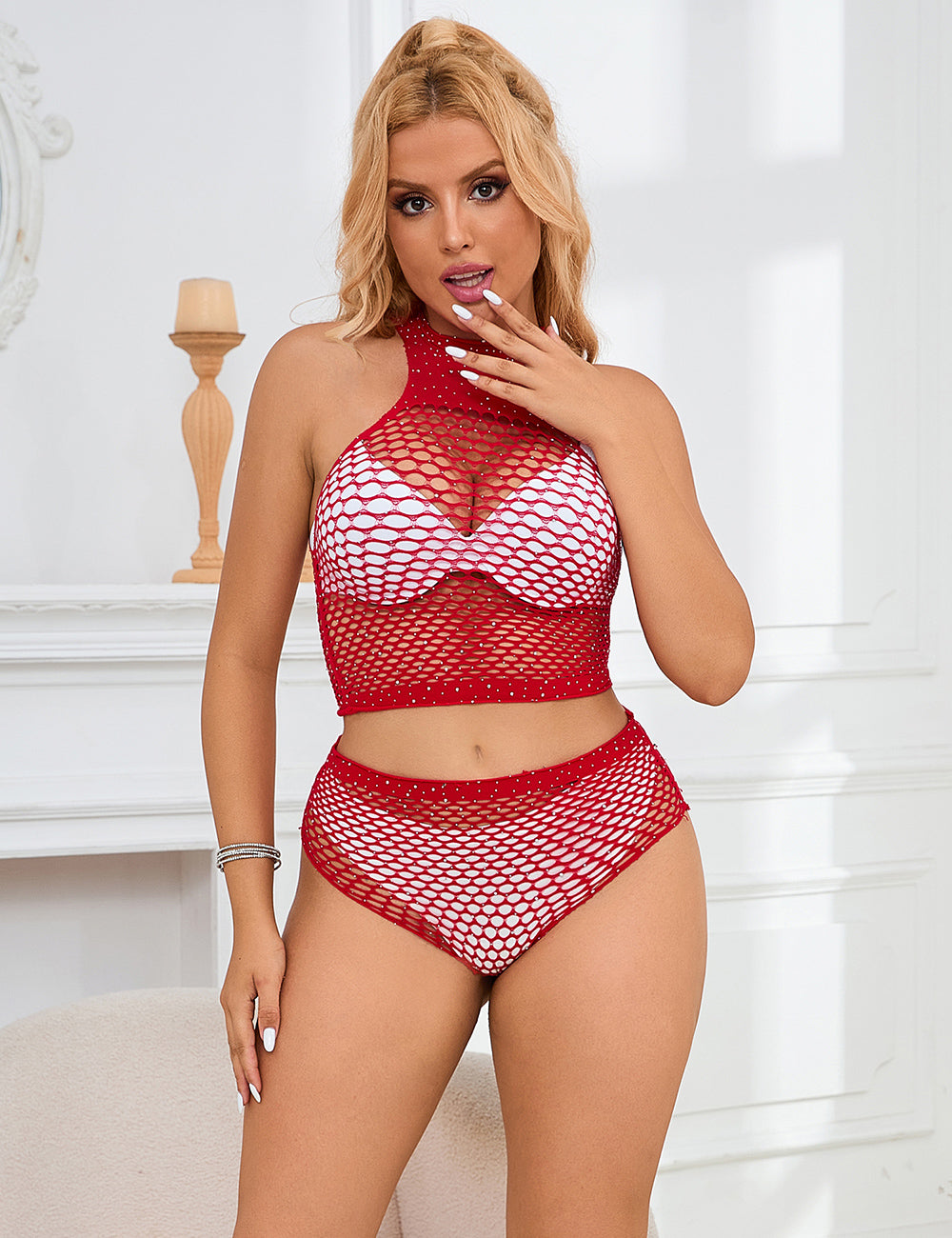 Scandals Lingerie 2-piece fishnet rhinestone top and shorts bodystocking set with sparkling embellishments and revealing design.