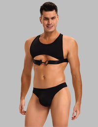 a man in a black scandals harness set