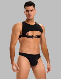 a man in a black scandals harness set