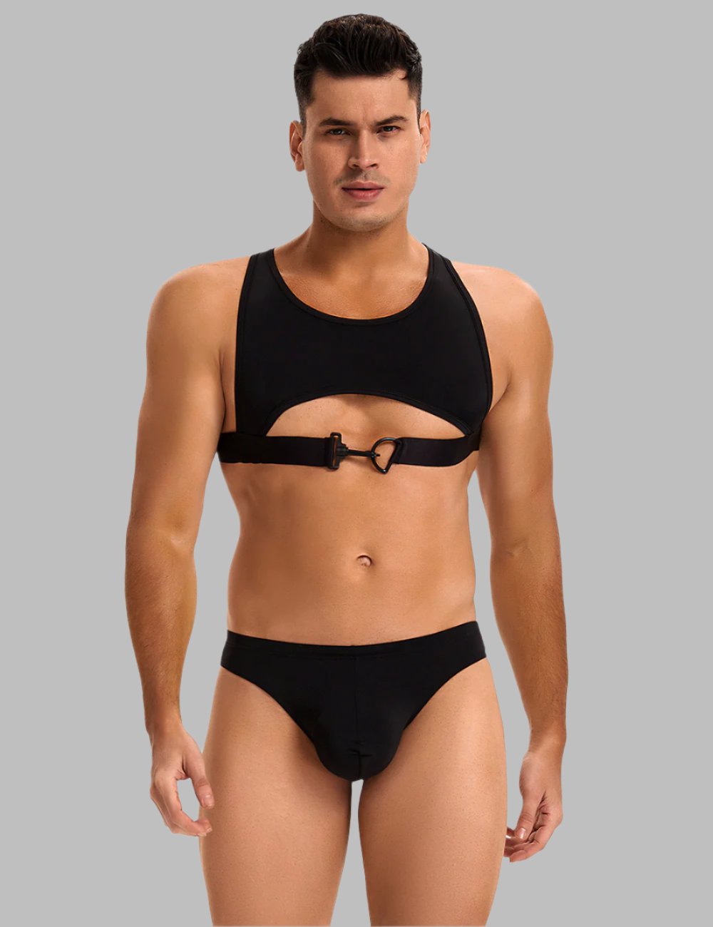 Men's silky harness and underwear set by Scandals Menswear, featuring a sleek, stylish costume outfit for men.