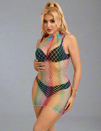 Rainbow Fishnet Bodystocking with High Collar - Vibrant and Stylish