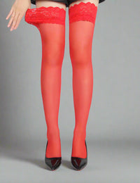 Thumbnail for a woman wearing red lace top hold up stockings by scandals and high heels